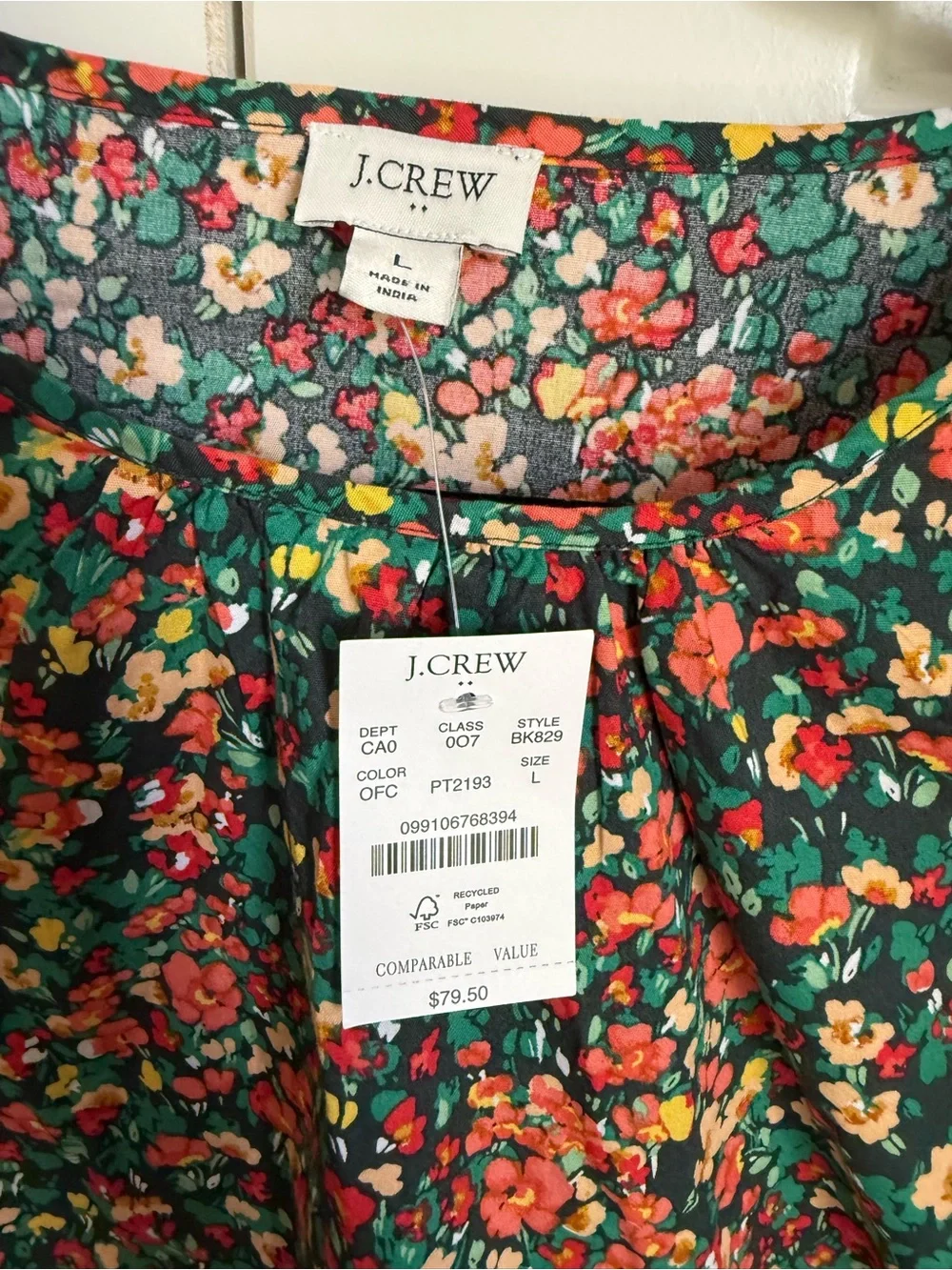 NWT J.Crew Multicolor Long Sleeve Blouse. Size L.